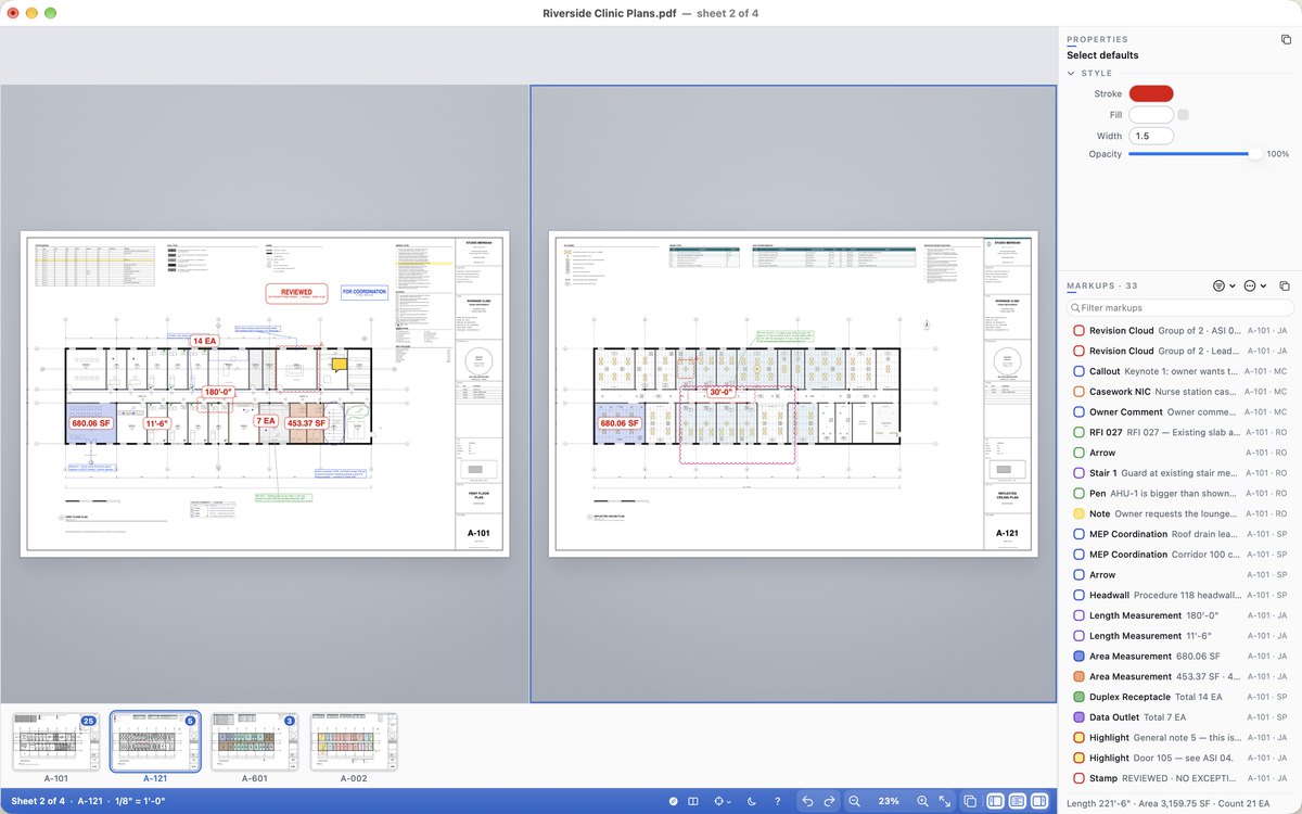 Cella PDF in Split View: the floor plan A-101 on the left and the reflected ceiling plan A-121 on the right, at the same zoom.