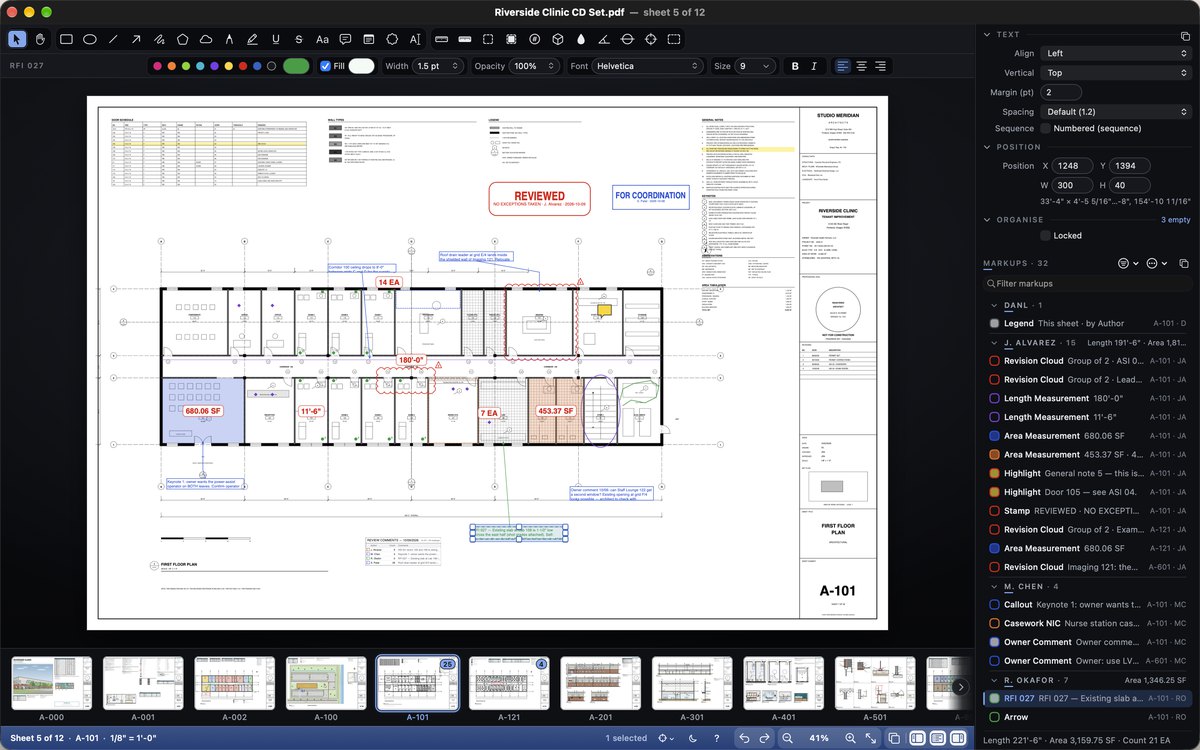 Cella PDF in dark mode with a text box selected on a clinic floor plan and the Markups List grouped by author.