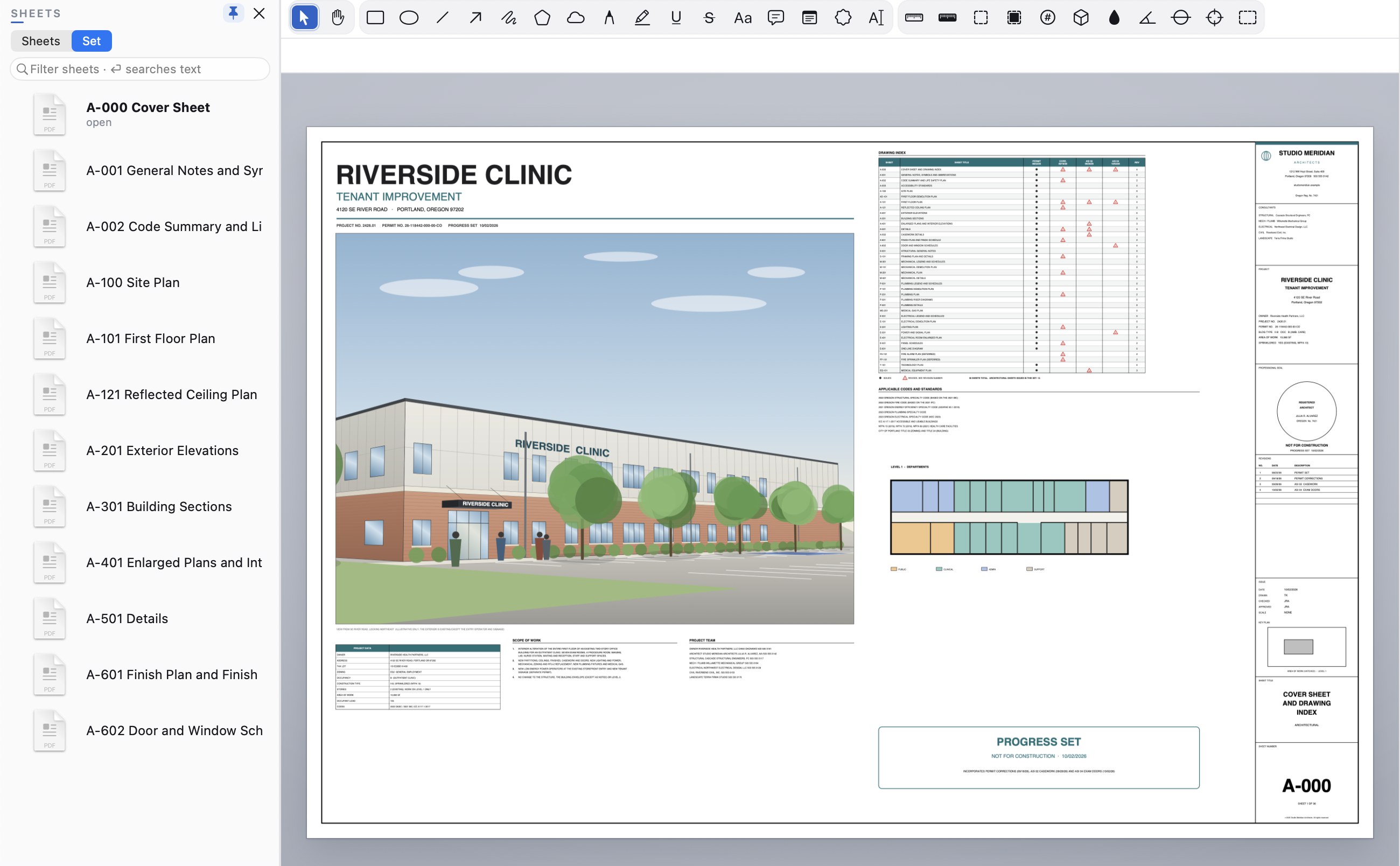 Cella PDF with a folder of drawings open as a set: the Set list at the left shows twelve PDFs, from A-000 Cover Sheet to A-602 Door and Window Schedules, and the open cover sheet shows the Riverside Clinic title, a colour rendering of the building and the drawing index.