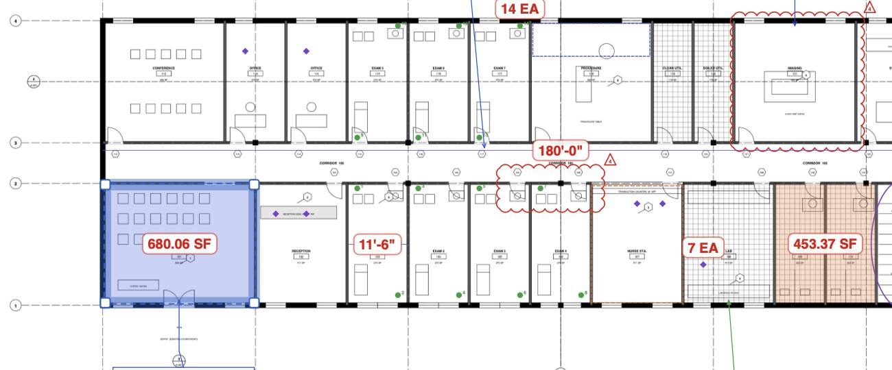 A selected area measurement of 680.06 SF over a room on a clinic floor plan in Cella PDF, with a length of 11'-6", a count of 7 EA and an area of 453.37 SF beside it.