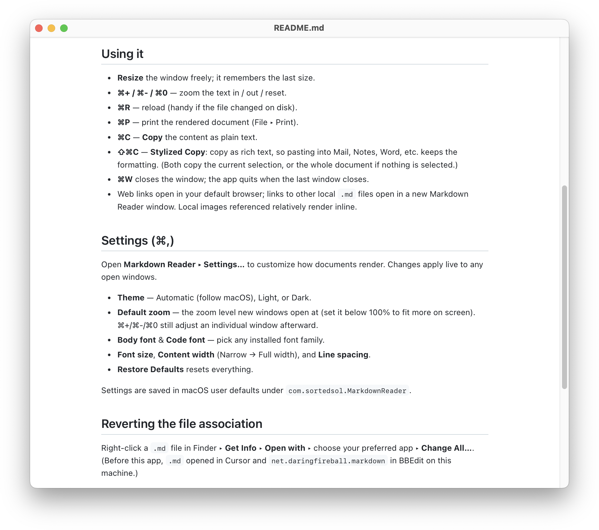 Markdown Reader showing a formatted README document on macOS