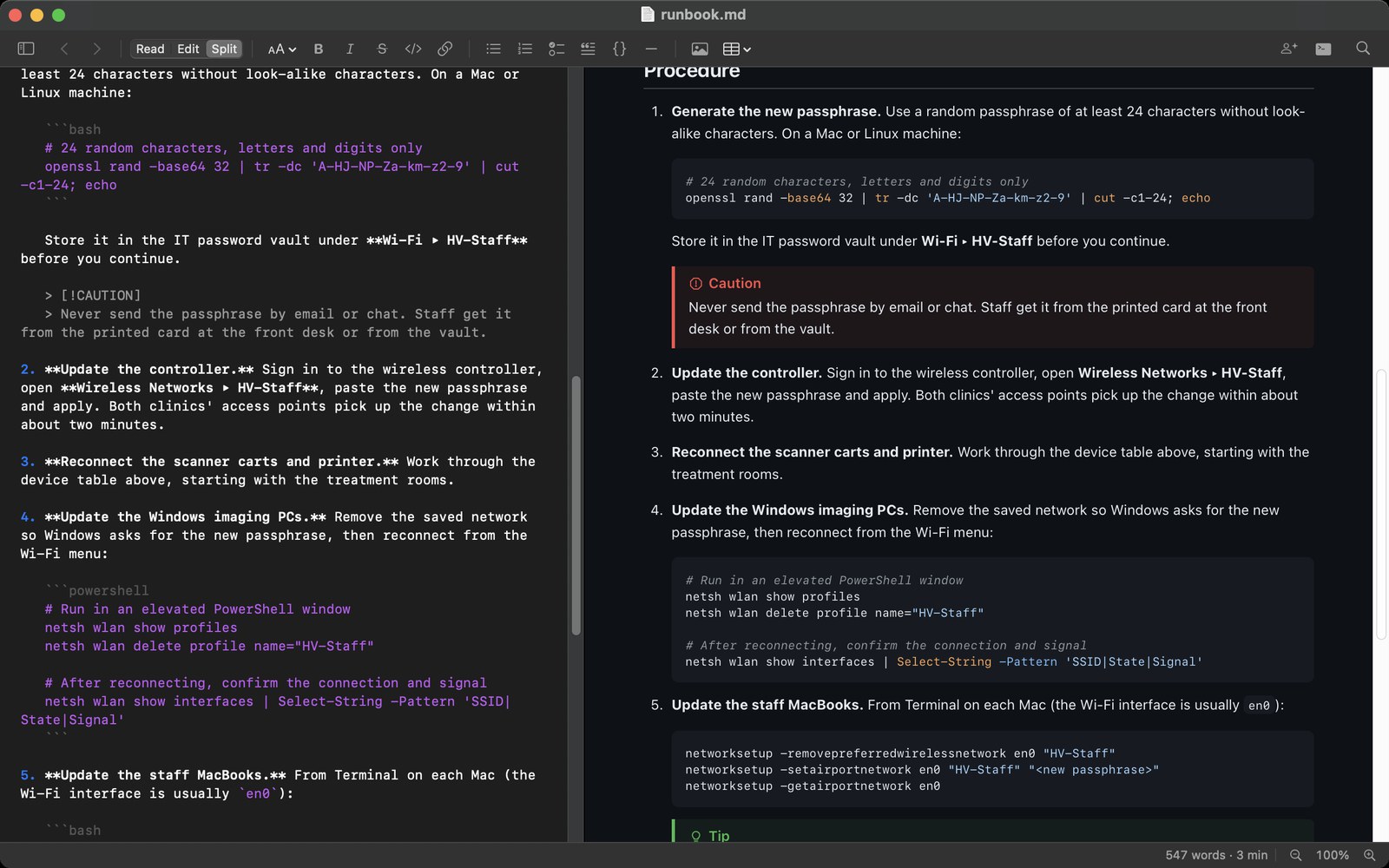 An IT runbook in Markdown Pro’s Split view, dark mode. The Markdown source on the left and the formatted preview on the right show the same numbered procedure, with a red “Caution” callout and syntax-highlighted Bash and PowerShell code blocks.