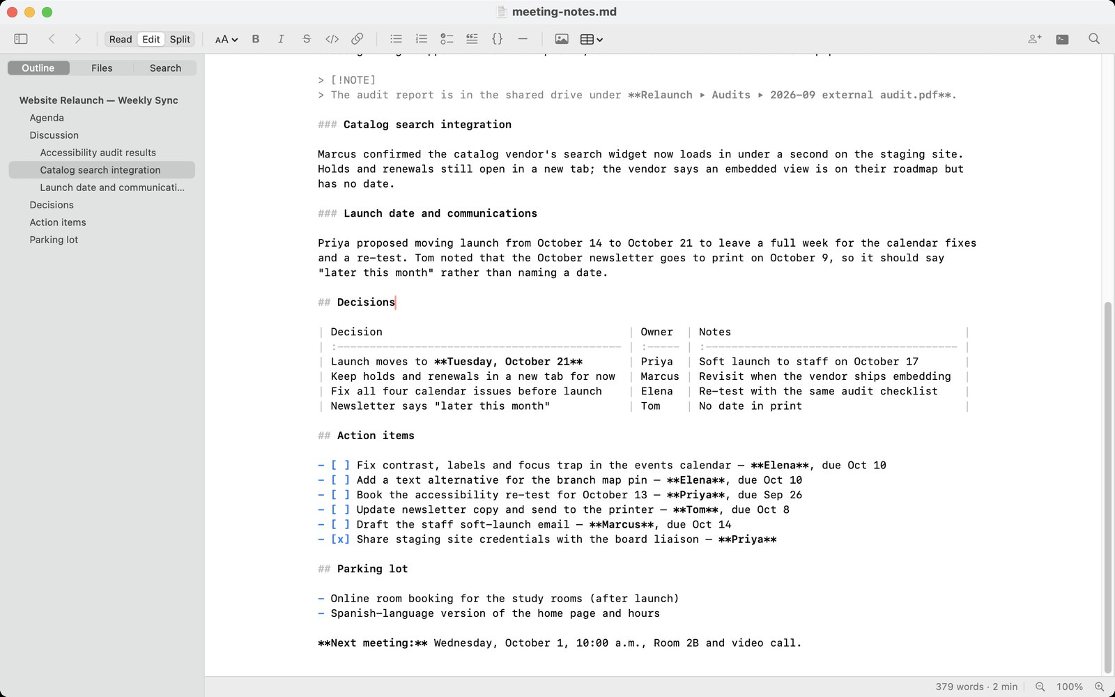 Meeting notes in Markdown Pro’s Edit view, with the formatting toolbar across the top. The editor shows a neatly aligned Decisions table and a list of action items with checkboxes; the sidebar on the left shows the meeting’s outline.