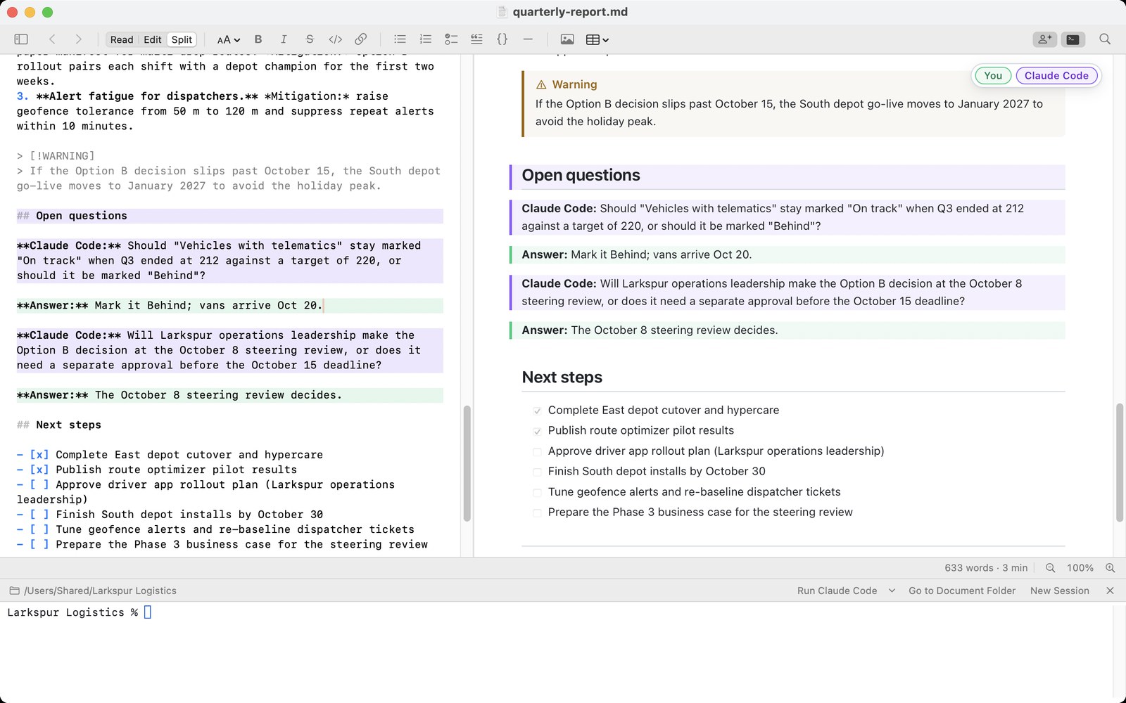 Markdown Pro in Split view on a Mac, showing a quarterly report. On the left, the Markdown source; on the right, the formatted preview of an “Open questions” section. Two questions from Claude Code are tinted violet and the user’s answers are tinted green, with a “You · Claude Code” legend at the top right. A terminal panel at the bottom of the window, opened in the document’s folder, has a “Run Claude Code” button.