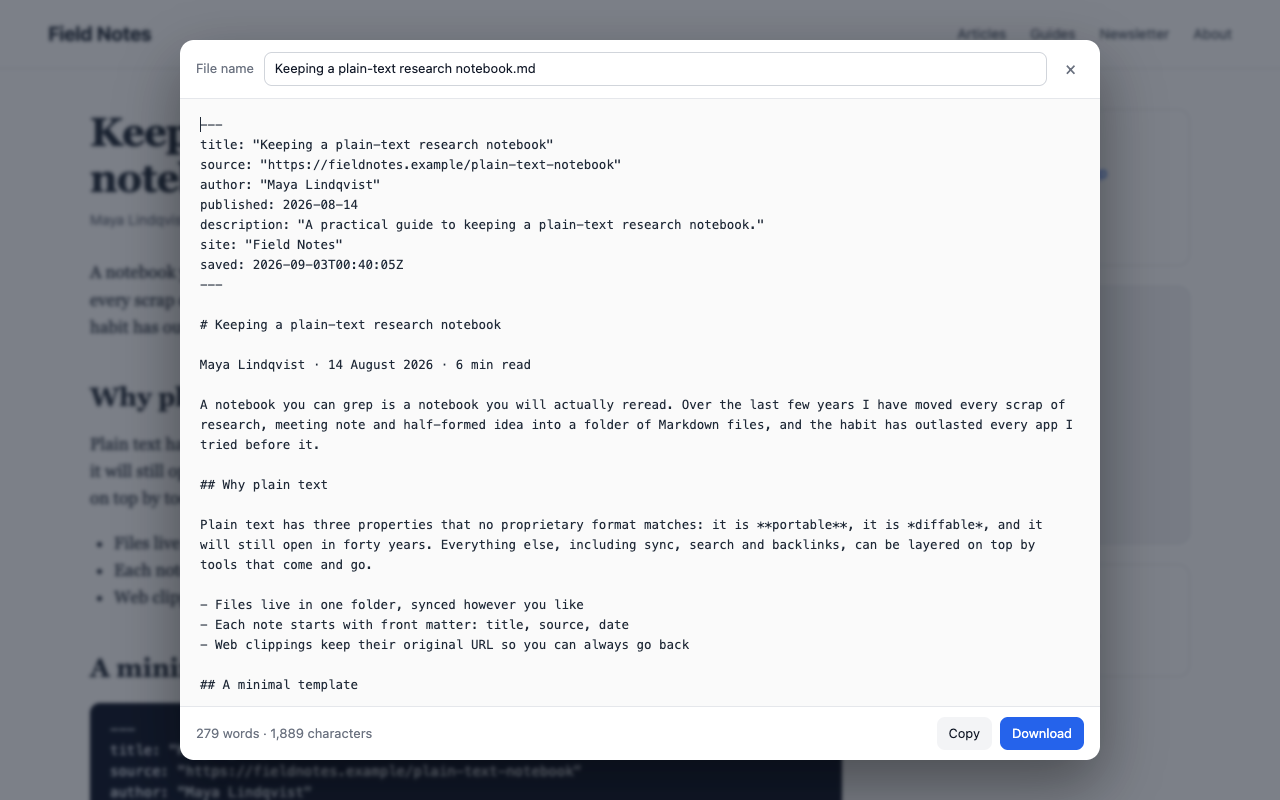 The preview dialog showing the converted Markdown with front matter, headings and a list