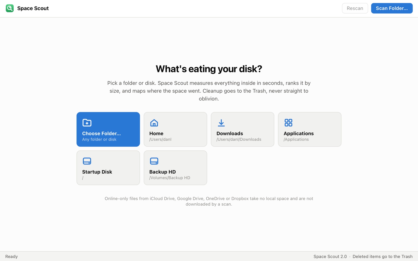 Space Scout's start screen with the headline "What's eating your disk?" and a row of cards: Choose Folder…, Home, Downloads, Applications, Startup Disk and Backup HD.