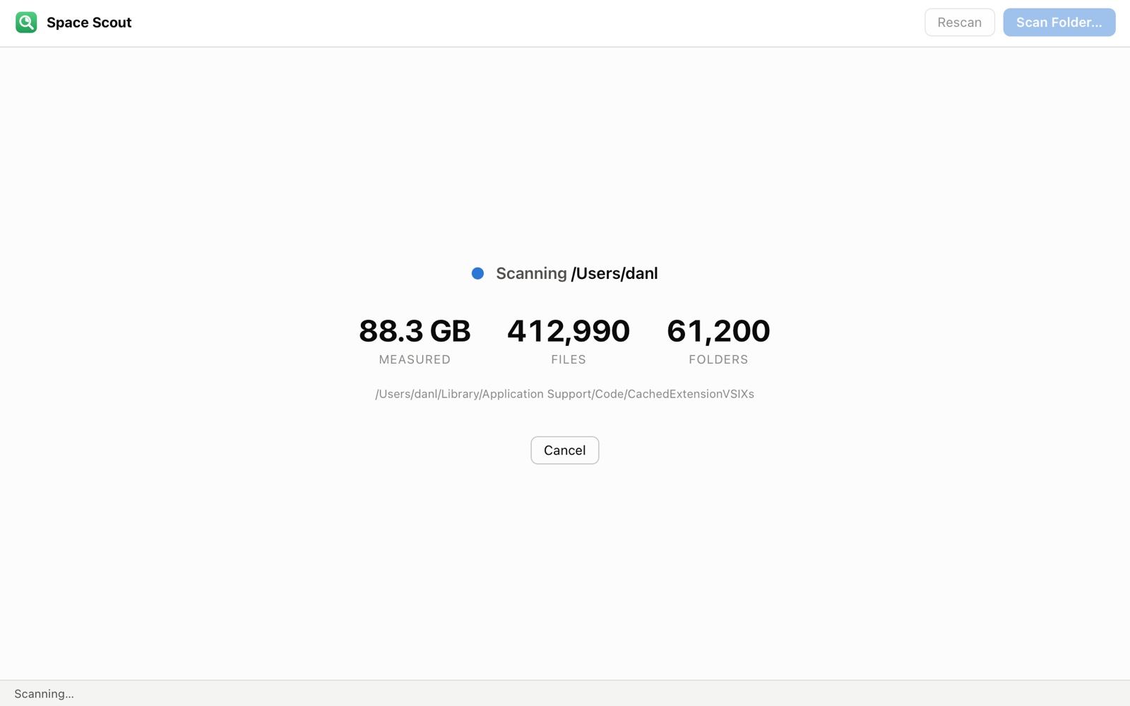 Space Scout's scanning screen showing 88.3 GB measured, 412,990 files and 61,200 folders so far, the path currently being read and a Cancel button.